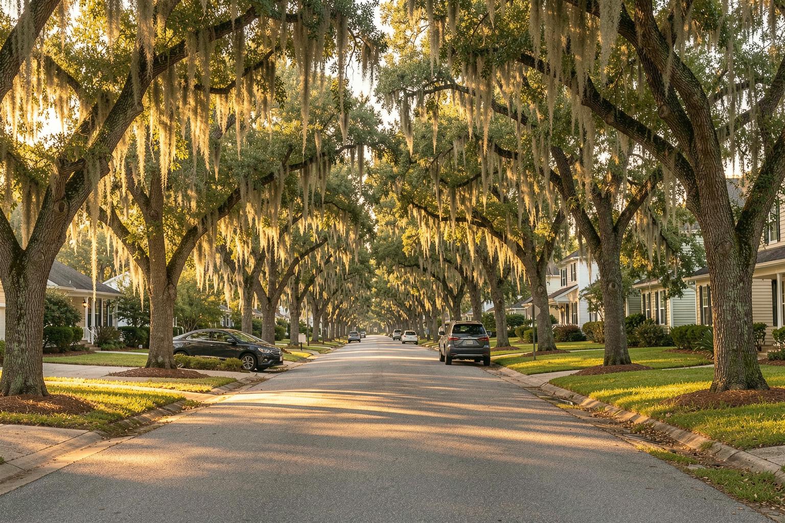 A quiet northeast Florida residential street lined with live oaks and Spanish moss in golden afternoon light